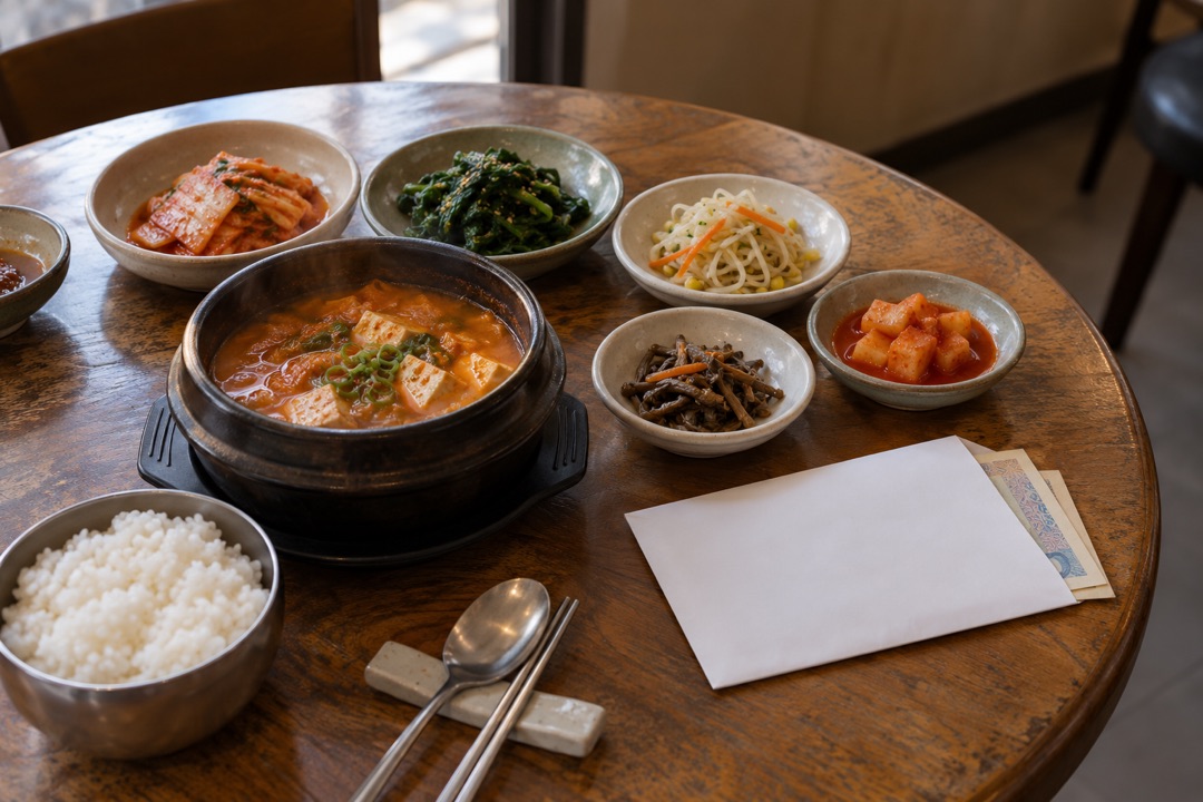 식당 원탁 위 음식과 지폐 봉투(식사비 해명 상징 이미지)