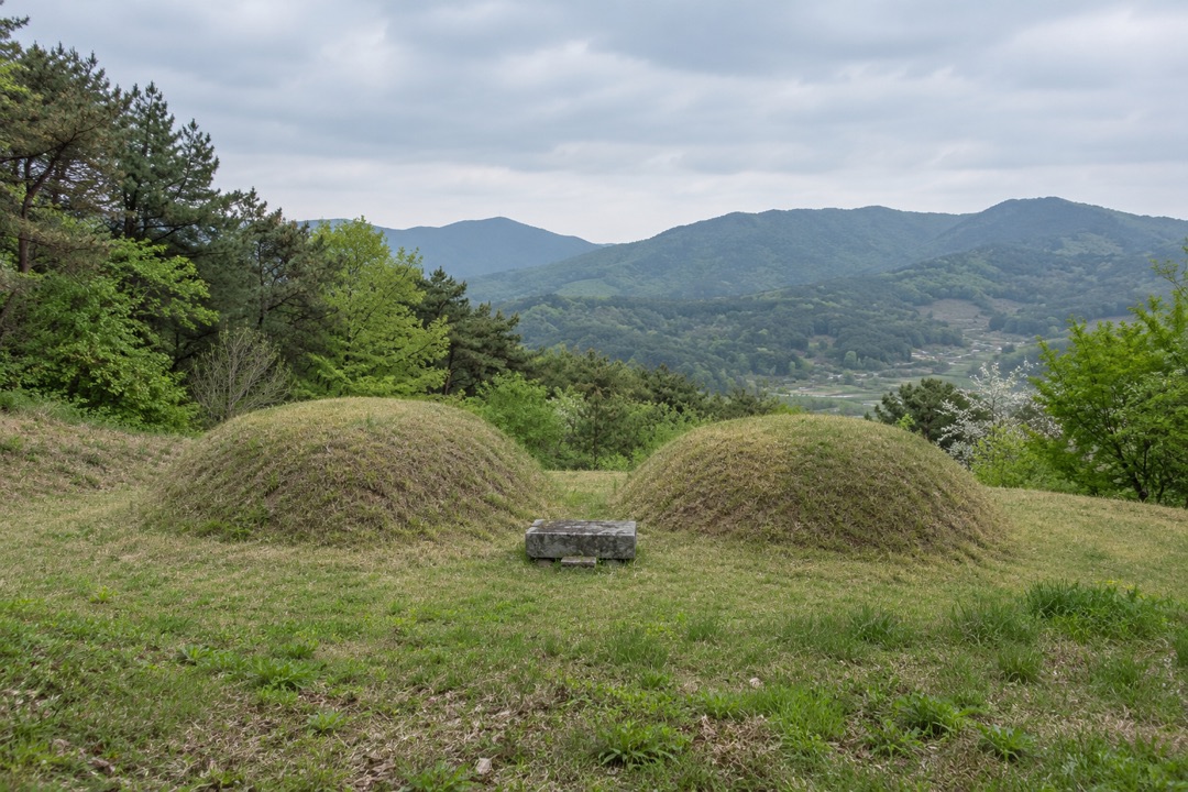 산자락의 봉분 두 기(부모 묘소 상징 AI 이미지)